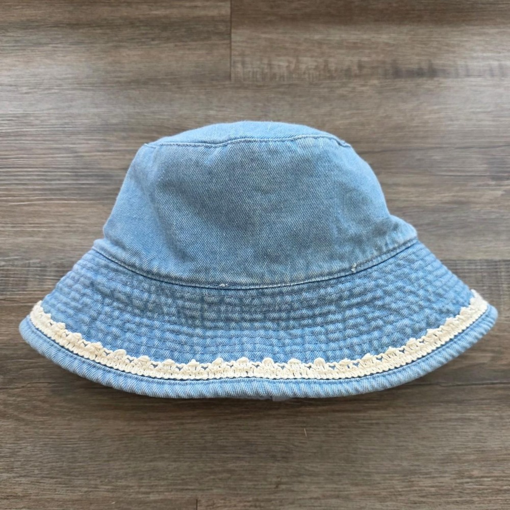 Vintage Reversible Denim Bucket Hat Light Wash Blue Crochet Lace Trim Y2K 90s